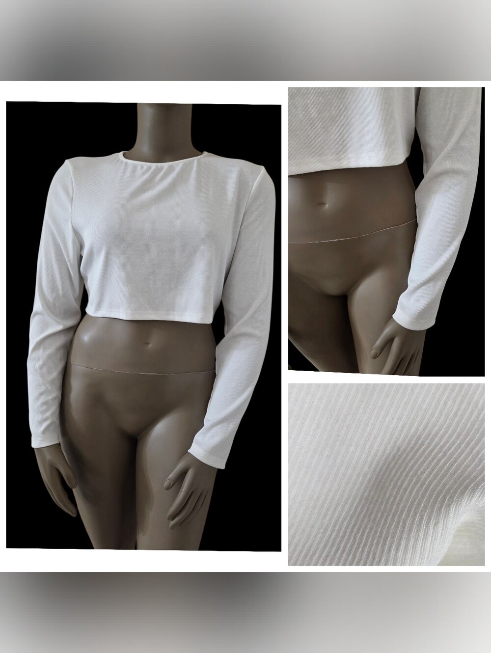 SHEIN CURVE Round Neck Long Sleeve Ribbed Stretch Knit Crop Top 2XL White NWT